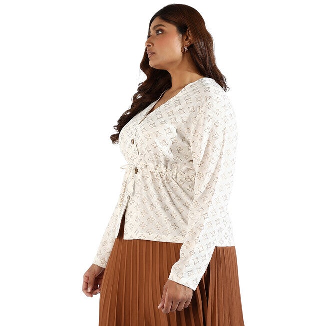 Motif Printed V-Neck Top, Cream / Cream, alternate image number null