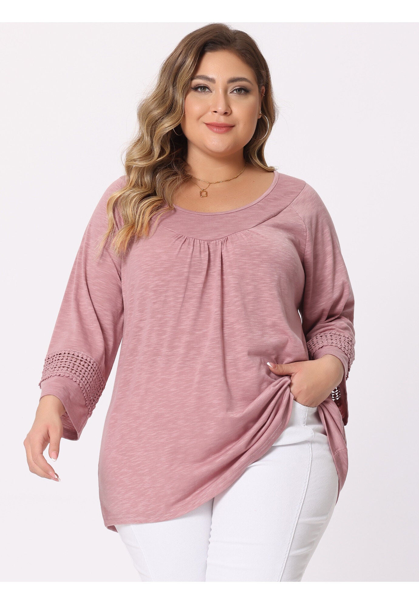 CROCHET PANEL HOLLOW OUT PLEATED TUNICS BLOUSE TOP, Dark Pink / Pink, alternate image number 4