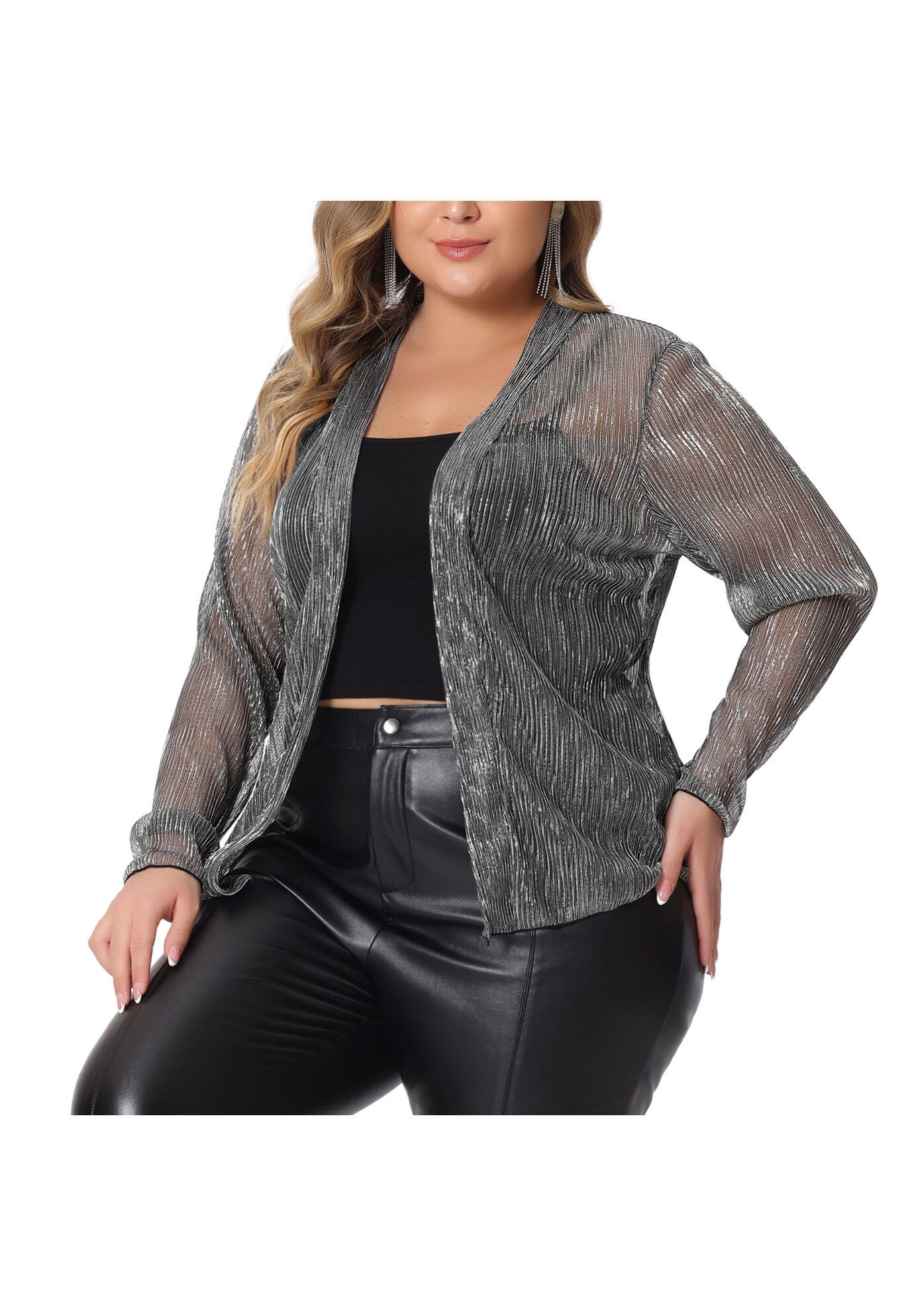 SHEER OPEN FRONT LONG SLEEVE GLITTER OUTWEAR, Silver / Silver, alternate image number 1