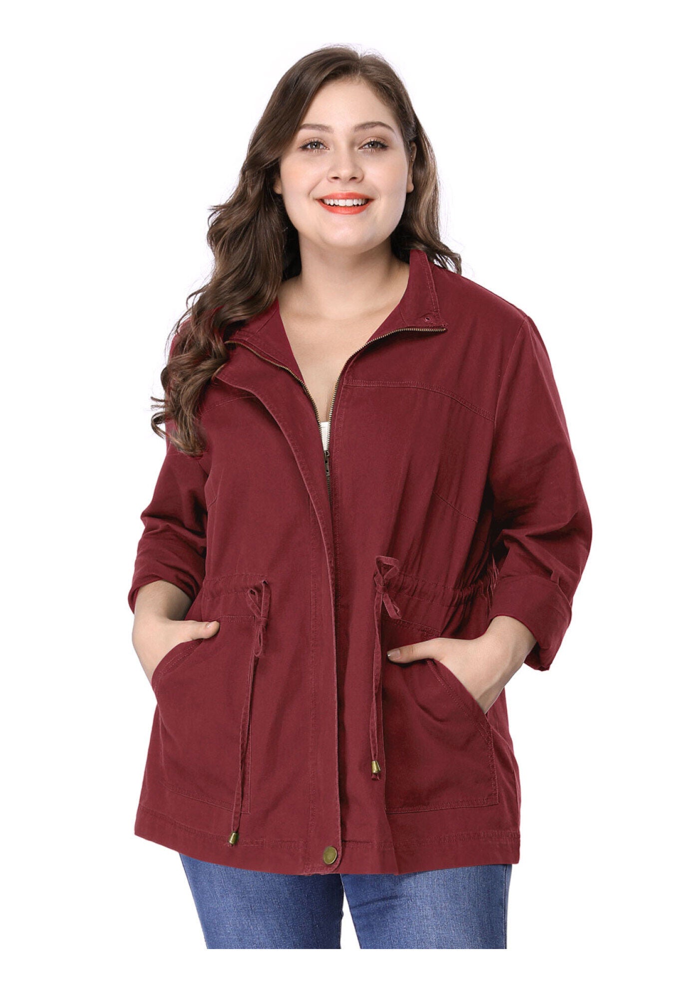LIGHTWEIGHT ANORAK DRAWSTRING UTILITY JACKET, Burgundy / Red, alternate image number 3