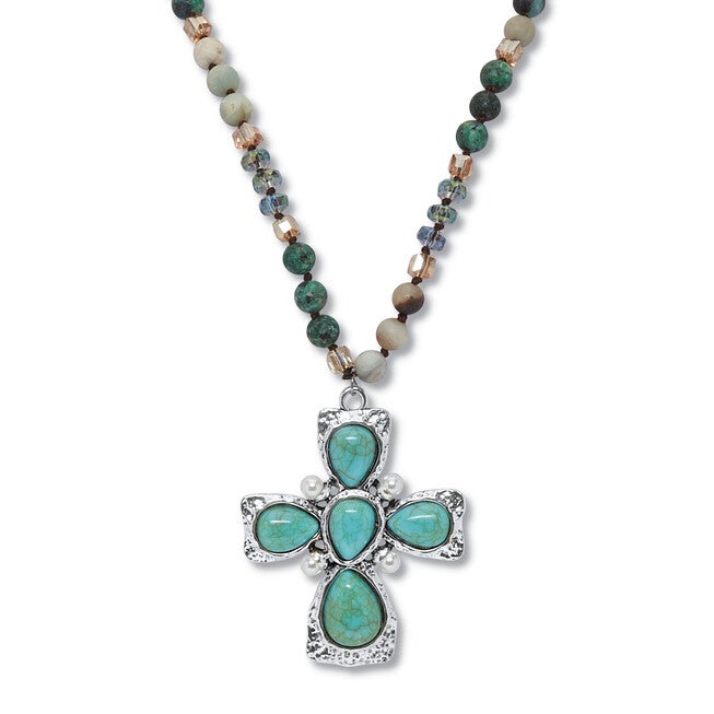 Genuine Jasper, Amazonite and Freshwater Pearl Silvertone Cross Necklace 32 Inch, TurquoiseAqua / Turquoise, hi-res image number 0