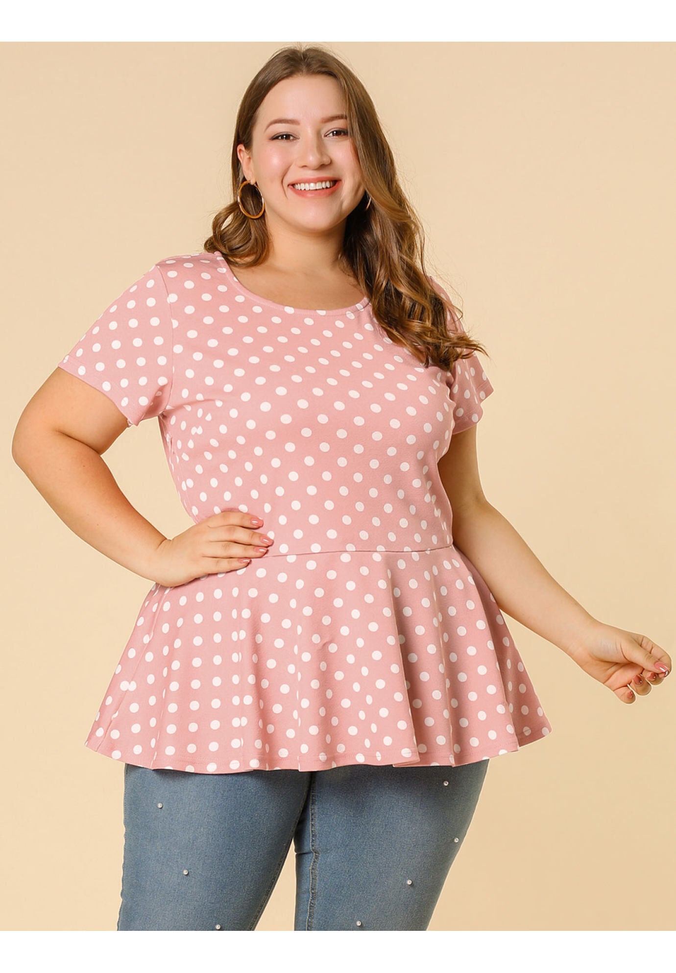 Casual Short Sleeve Polka Dots Peplum Tops Shirts, Pink / Pink, alternate image number 1