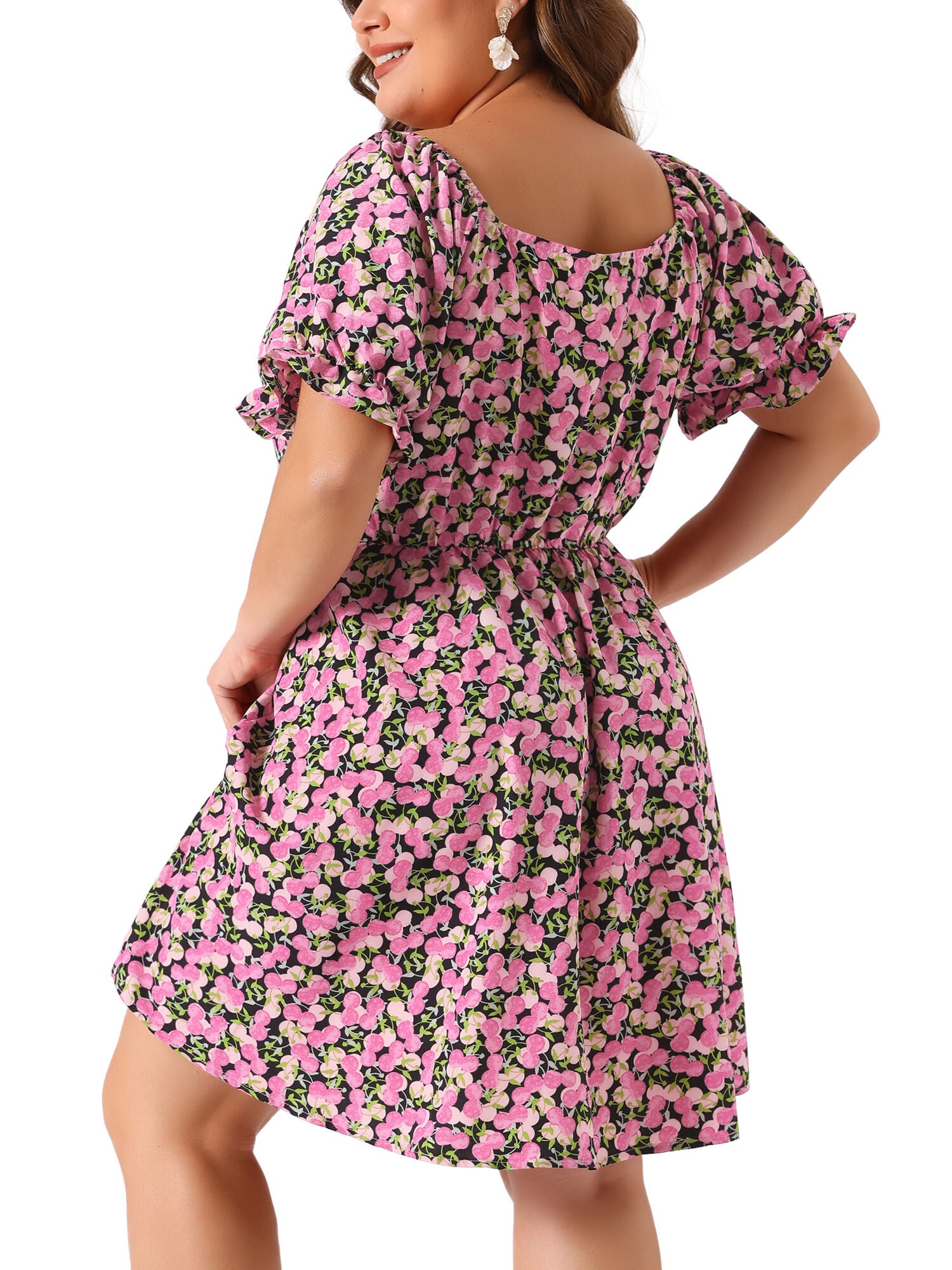 Sweetheart Neck Puff Short Sleeve Tie Swing A Line Midi Floral Dress, Black / Black, alternate image number 3