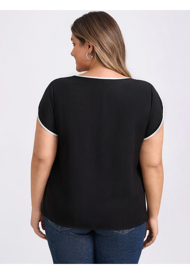 Keyhole Crew Neck Tulip Sleeve Contrasting Colors Casual Blouse, Black / Black, alternate image number 2
