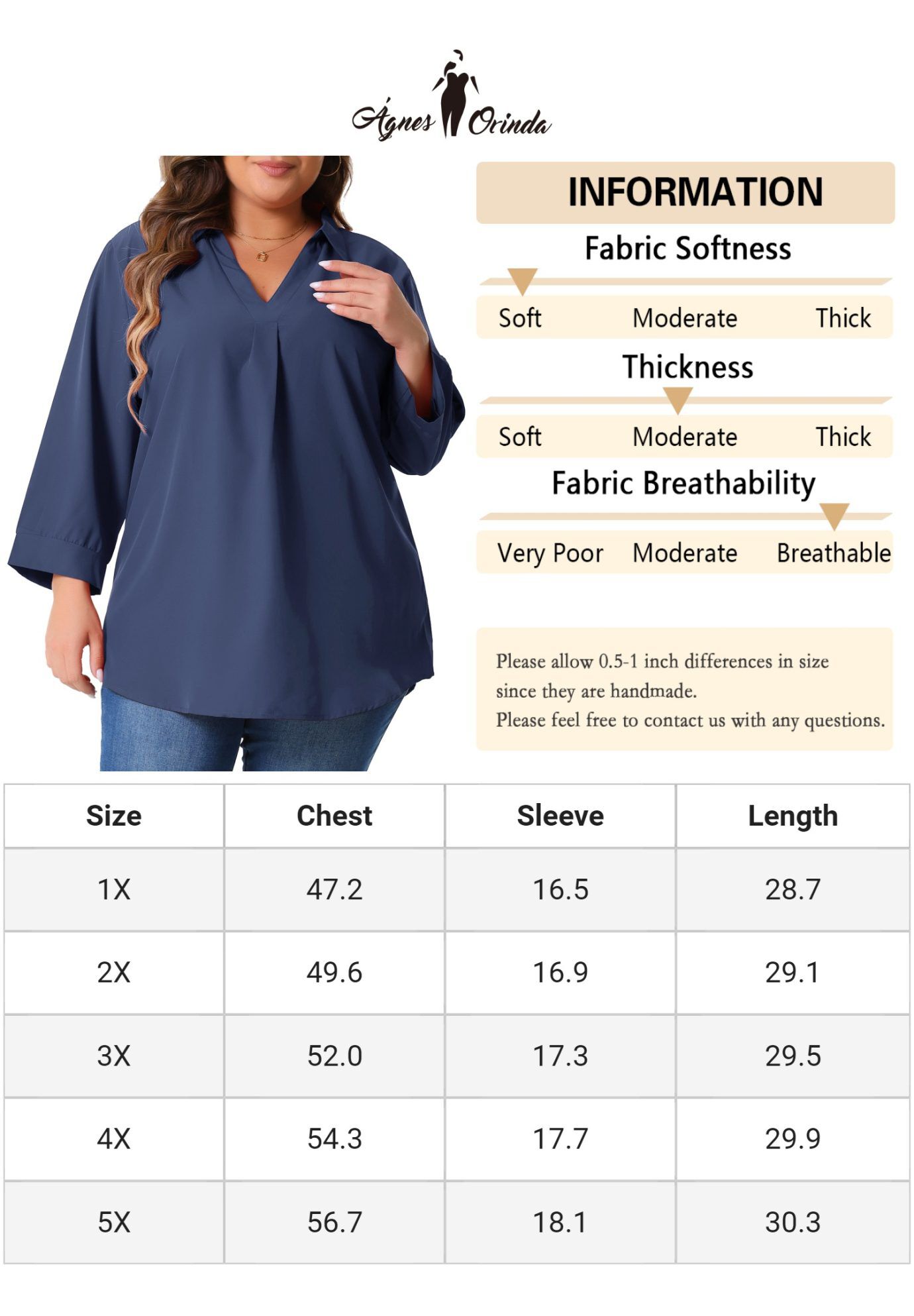V Neck 3/4 Sleeve Flowy Blouse Work Chiffon Shirt, Dark Blue / Navy, alternate image number 4
