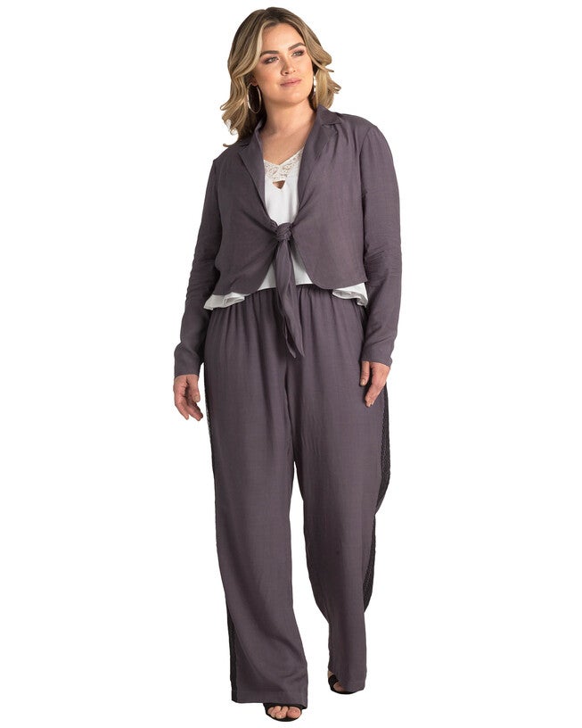 Plus Size Solid Rayon Tie Front Cropped Blazer, DARKPURPLE / Purple, alternate image number 1