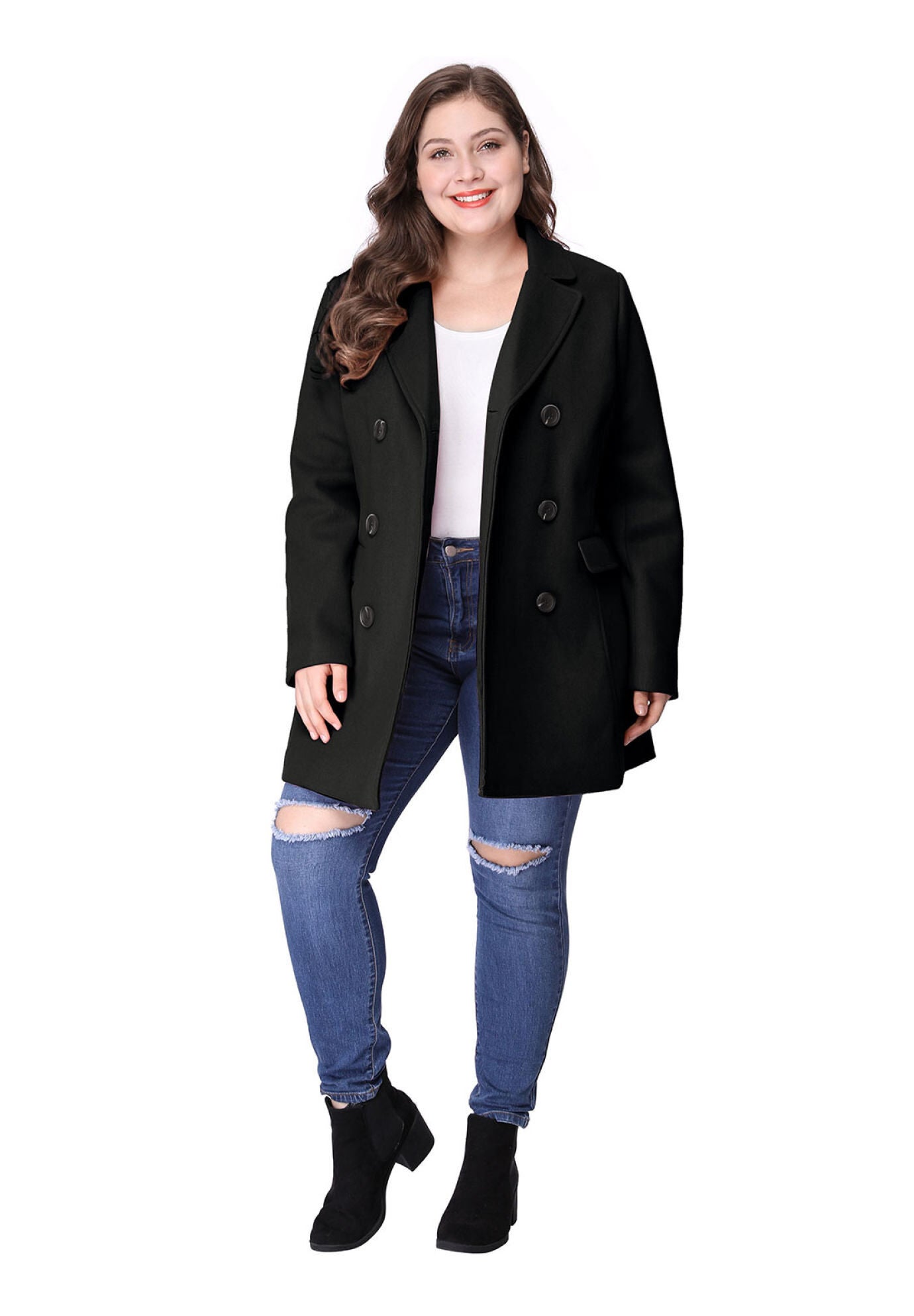 NOTCHED LAPEL DOUBLE BREASTED COAT, Black / Black, alternate image number 1