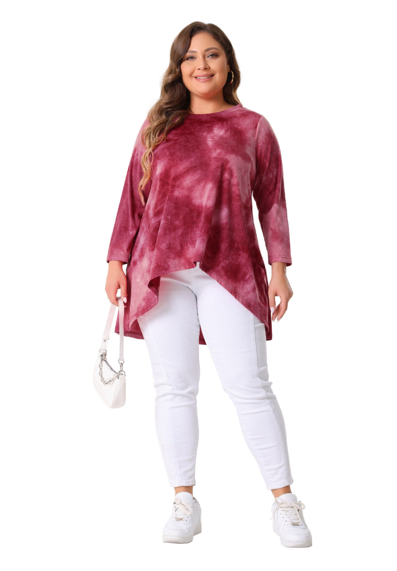 Tie Dye Crew Neck 3/4 Sleeve High Low Tunic Top Tee Shirt, Burgundy / Red, hi-res image number 0