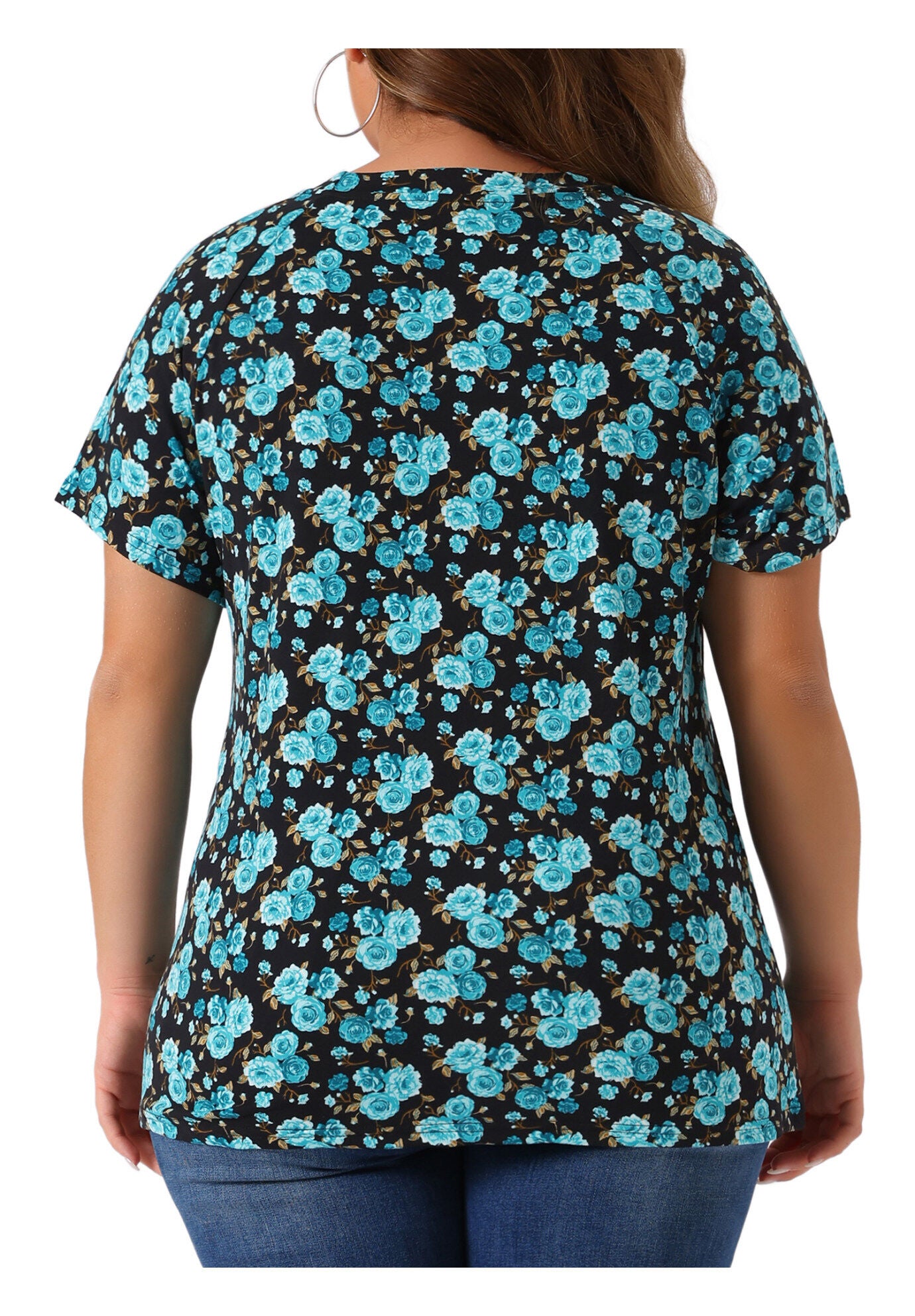 Floral Blouse Short Sleeves Loose Top, Blue / Cobalt, alternate image number 3