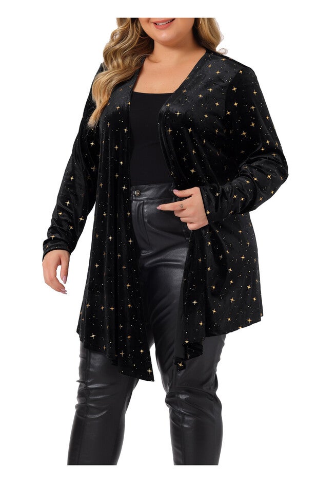 OPEN FRONT DRAPED SHINY VELVET CARDIGAN, Black / Black, alternate image number 1