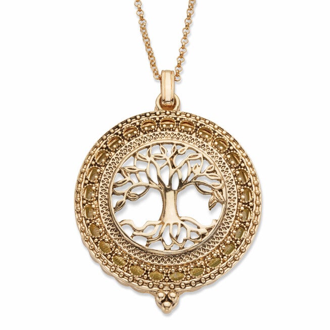Tree of Life Antiqued Goldtone Magnifying Glass Pendant Necklace 24 inches, Yellow / Yellow, hi-res image number null