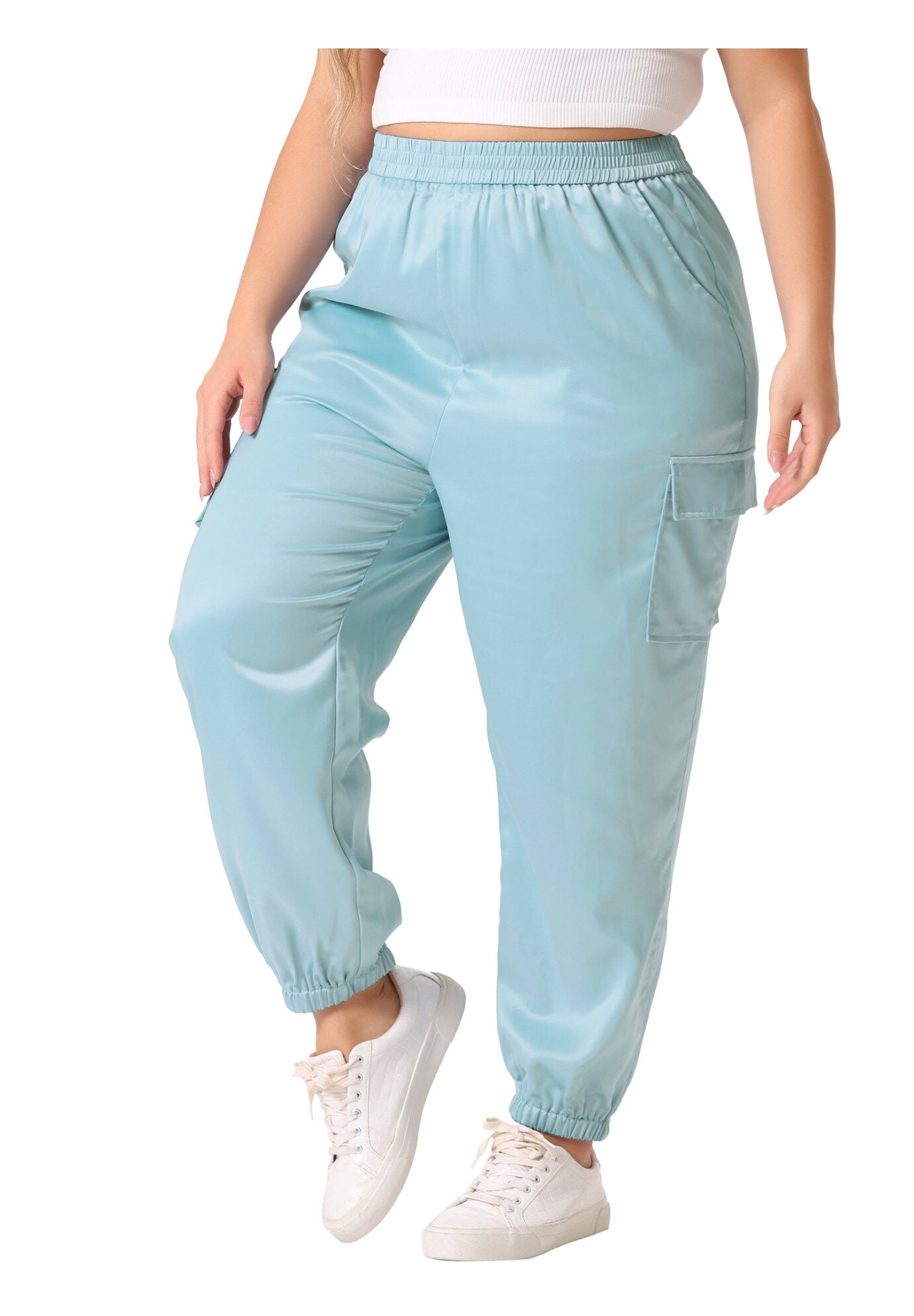 SATIN JOGGERS ELASTIC WAIST ATHLEISURE ANKLE LENGTH CARGO PANTS, Light Blue / Light Blue, alternate image number 1