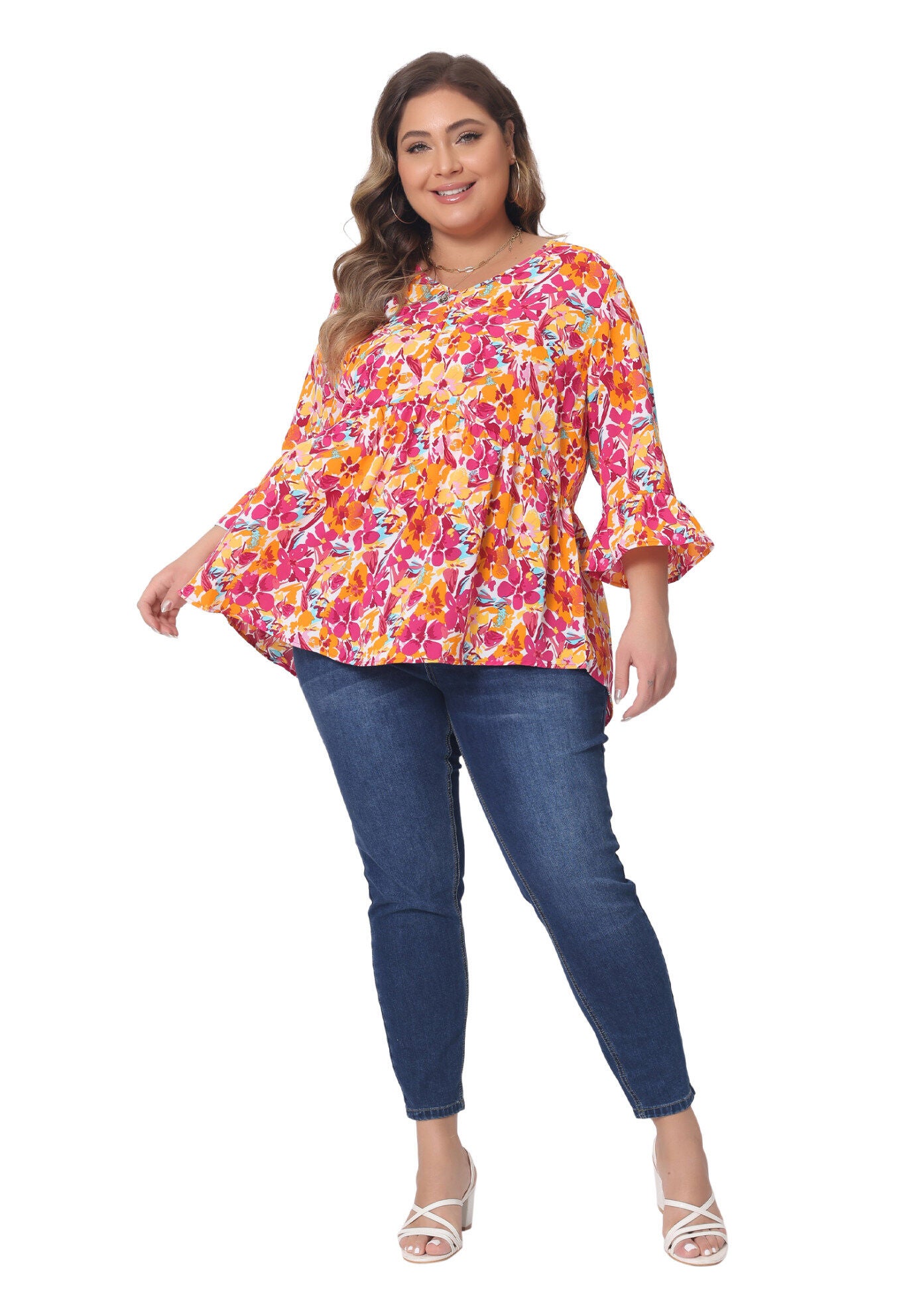 Floral V Neck Ruffle Sleeve Babydoll Peplum Blouse, Orange / Orange, hi-res image number 0