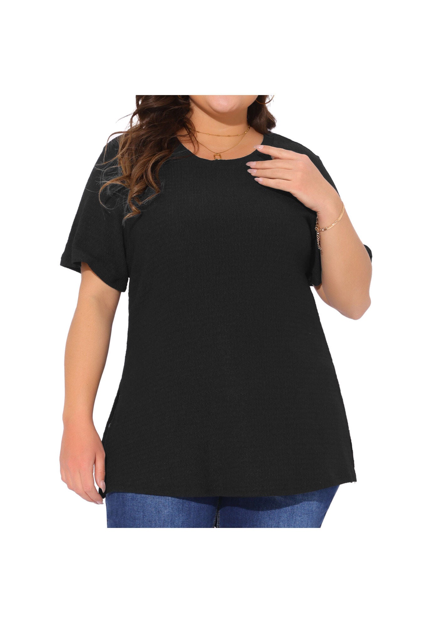 Short Sleeve Side Split T-Shirt Tee, Black / Black, alternate image number 1