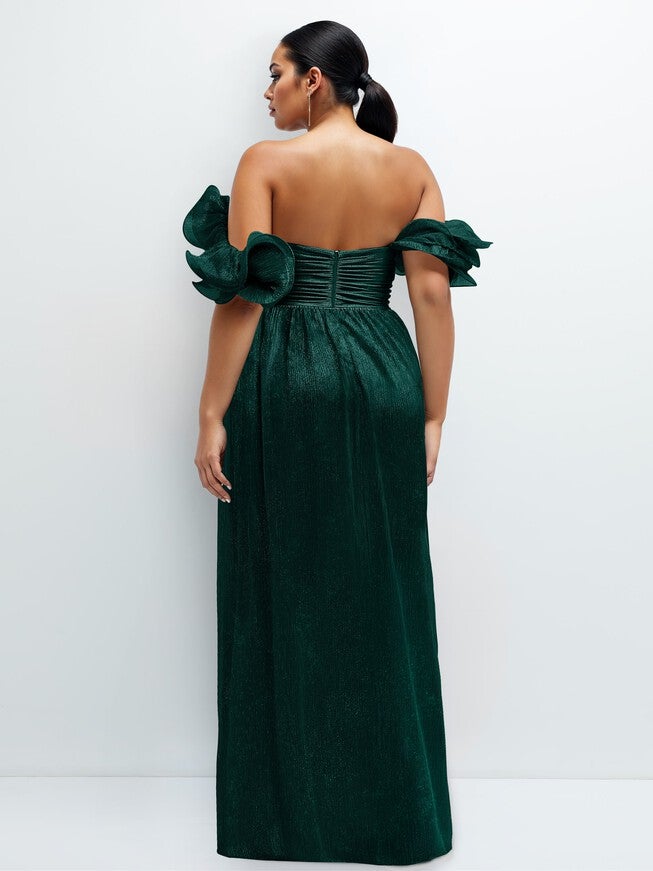Dramatic Ruffle Edge Convertible Strap Metallic Pleated Maxi Dress, Metallic Evergreen / Hunter Green, alternate image number null