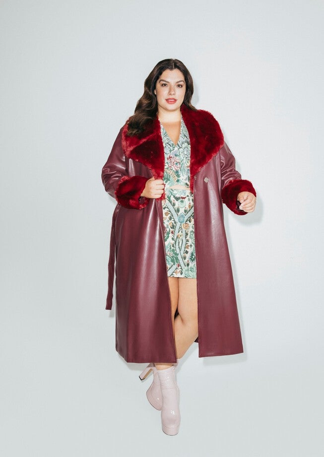Faux Fur Collar & Leather Wrap Coat, Burgundy / Burgundy, hi-res image number 0