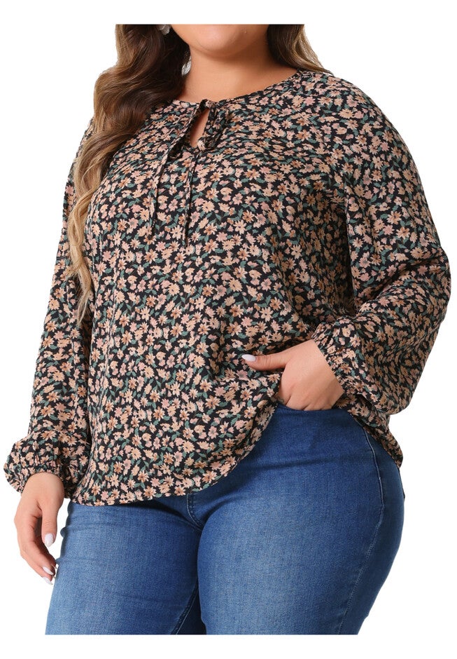Round Neck Drawstring Long Sleeve Floral Blouse, Black / Black, alternate image number 1