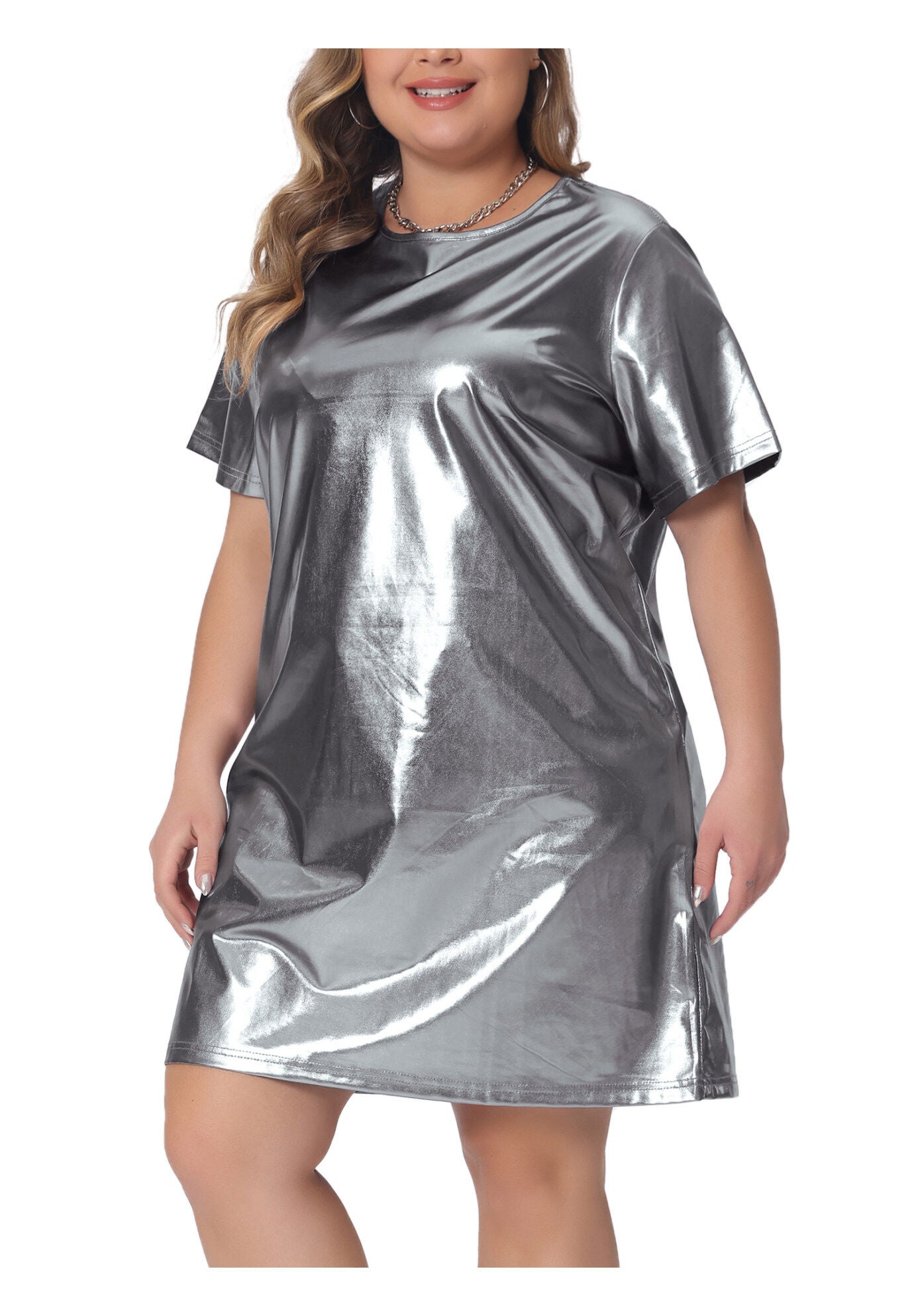 Metallic Round Neck Short Sleeve Loose Mini T-Shirt Dress, Silver / Silver, alternate image number 1