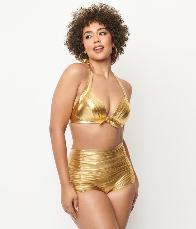 Unique Vintage Gold Monroe Halter Swim Top, , alternate image number null
