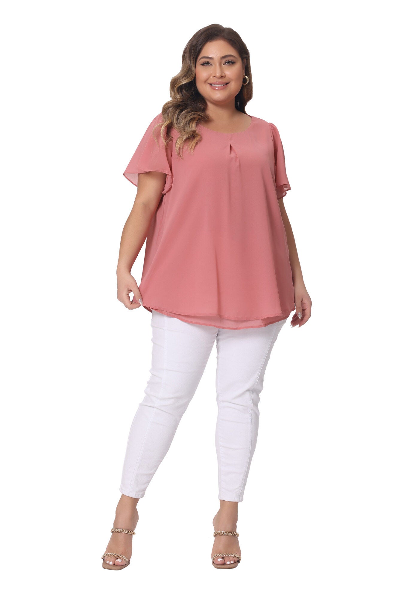 Ruffle Short Sleeve Double-Layered Chiffon Blouse, Pink / Pink, hi-res image number 0