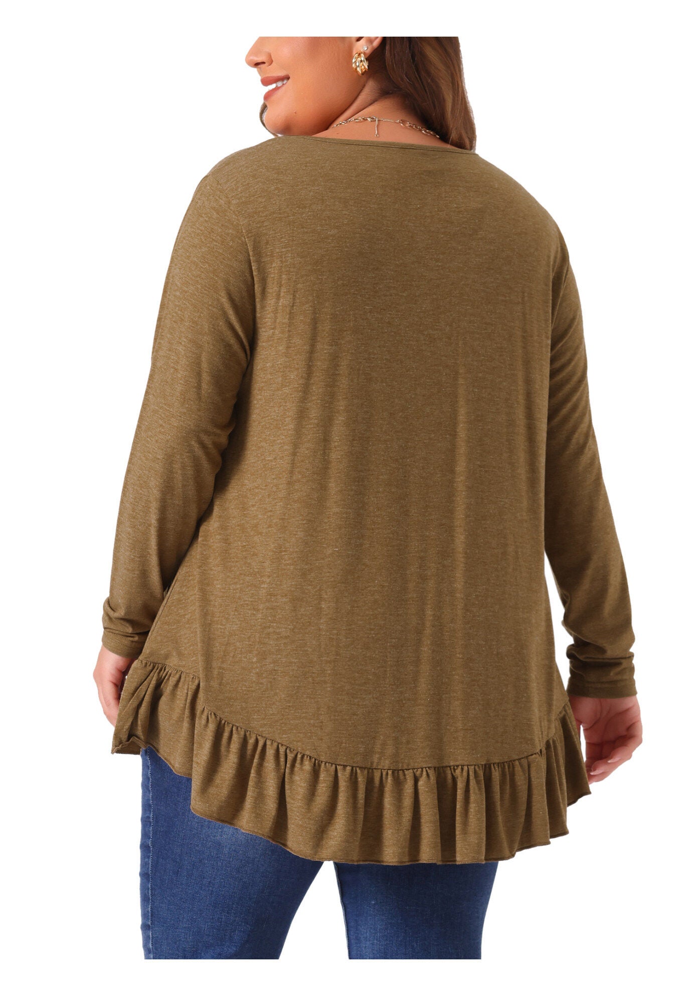 Henley V Neck Ruffled Hem Flowy Blouse Tunic, Brown / Brown, alternate image number 2