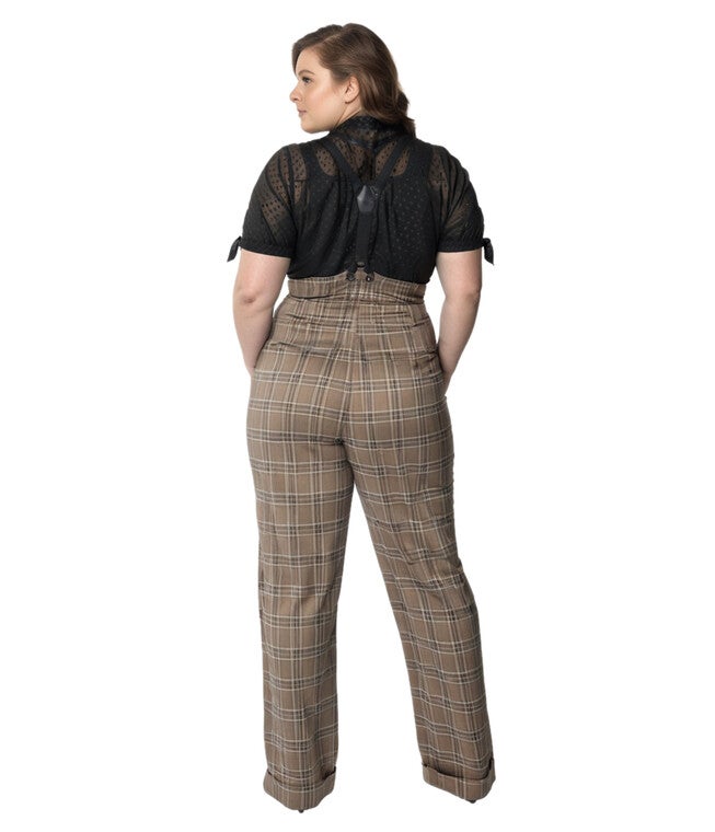 Unique Vintage Dark Beige Windowpane Thelma Suspender Pants, Dark Beige Windowpane / Beige, alternate image number 2