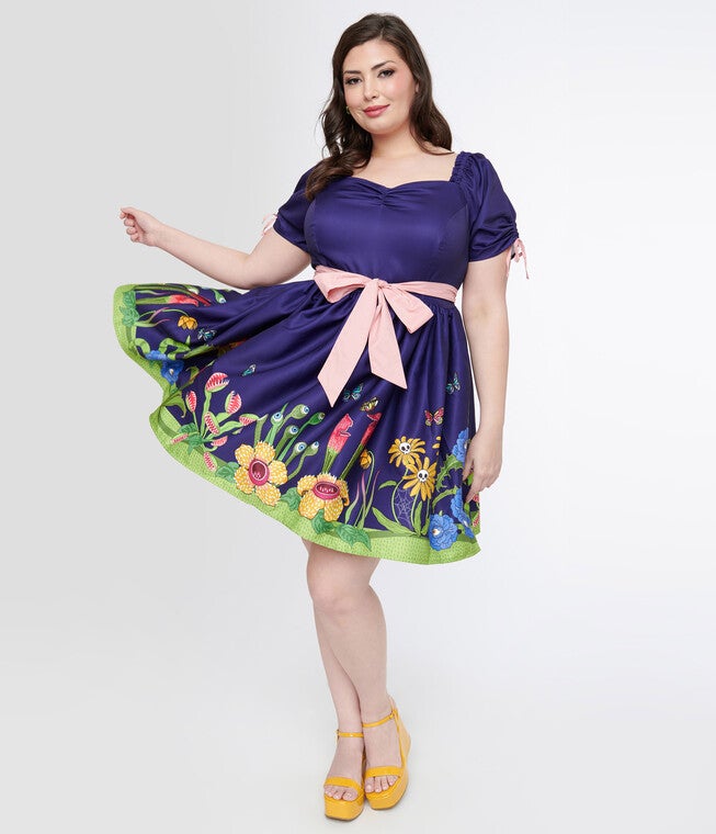 Unique Vintage 1950s Purple Carnivorous Plants Dakota Flare Dress | Dia & Co Unique Vintage 1950s Purple Carnivorous Plants Dakota Flare Dress | Dia & Co