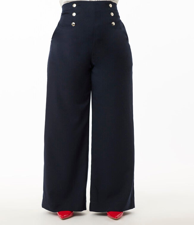 Smak Parlour Plus Size Navy & Silver Button Wide Leg Sailor Pants, Navy / Navy, alternate image number null