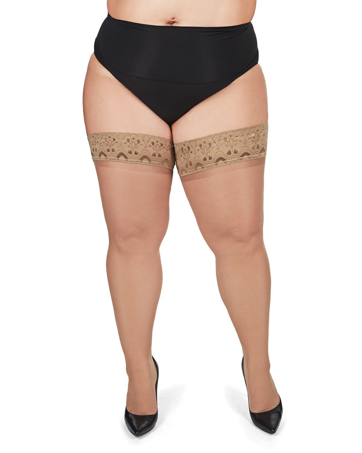 Plus Size Curvy Silky Sheer Lace Top Thigh High Stocking, City Beige / Beige, alternate image number 1