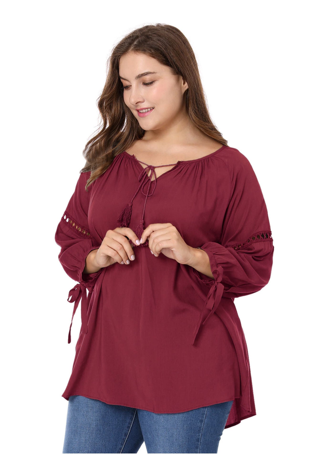 RAGLAN SLEEVES HOLLOW OUT TIE NECK PEASANT TOP, Burgundy / Red, alternate image number 2