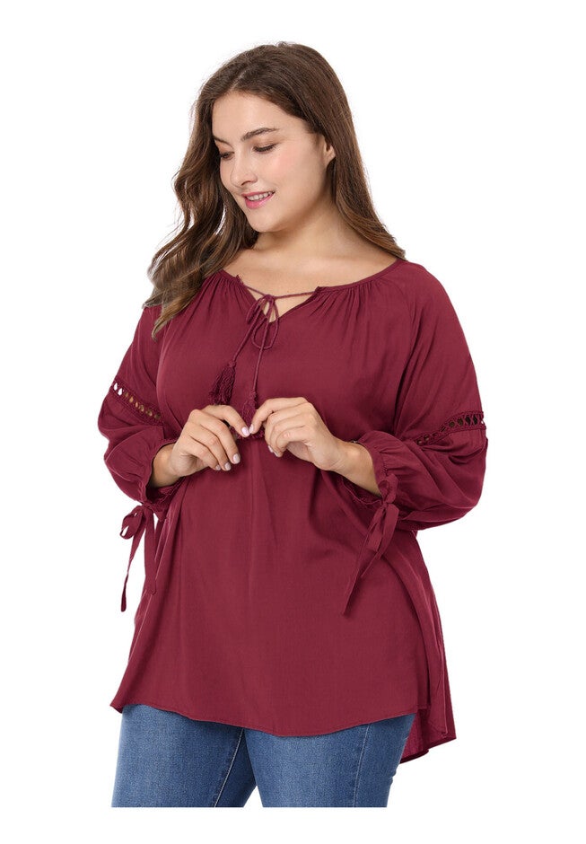 RAGLAN SLEEVES HOLLOW OUT TIE NECK PEASANT TOP, Burgundy / Red, alternate image number 2