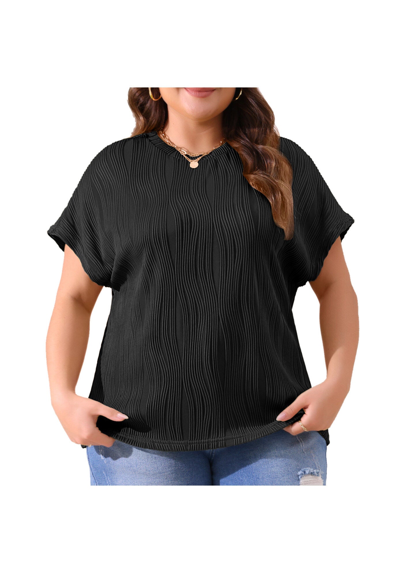 Short Sleeve Textured Top Crewneck T-Shirt, Black / Black, alternate image number 1