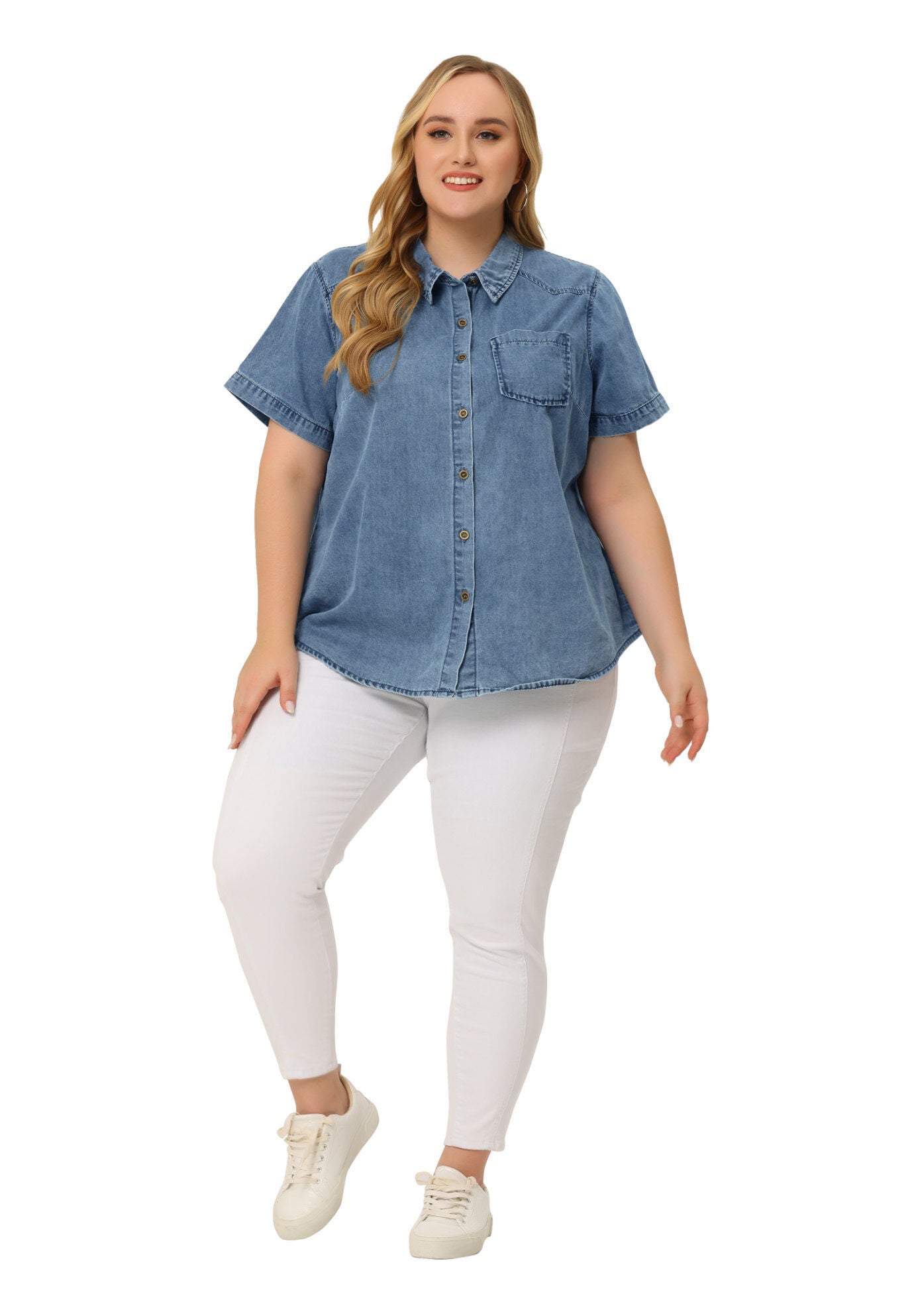 Jean Short Sleeve Button Down Top Denim Shirt, Stone Washed Blue / Medium Wash, hi-res image number 0