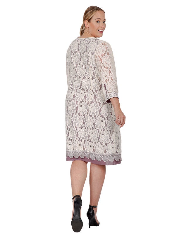 Everleigh Women's Plus Size Elegant Floral Lace Boat Neck 3/4 sleeve Midi Dress, , alternate image number 8