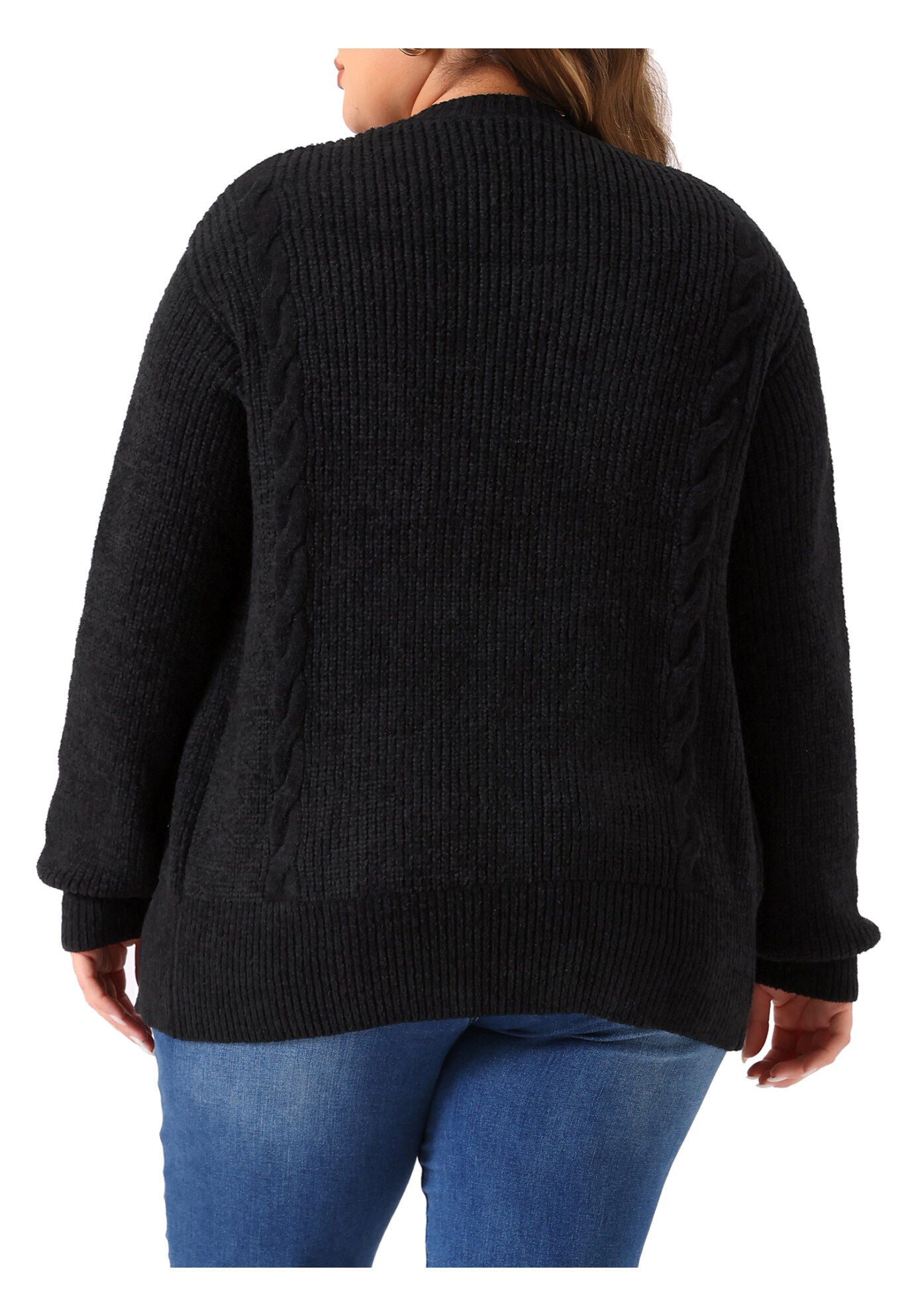 Long Sleeve Crew Neck Knit Cardigan Sweaters with Pockets, Black / Black, alternate image number 3