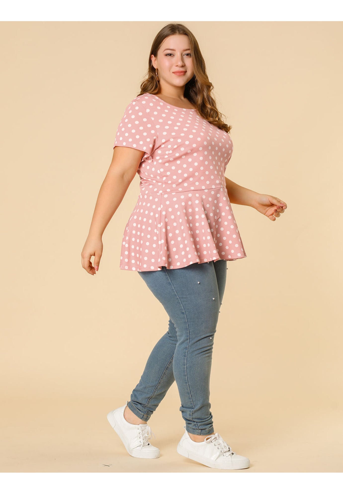 Casual Short Sleeve Polka Dots Peplum Tops Shirts, Pink / Pink, hi-res image number 0