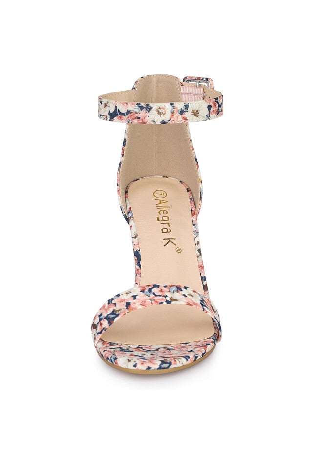 Floral Print Open Toe Block High Heels Summer Sandals, Pink / Pink, alternate image number 1