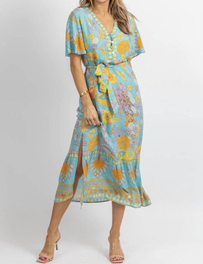 BUTTERFLY SLEEVE MIDI DRESS IN LIGHT BLUE FLORAL, Light Blue Floral / Light Blue, hi-res image number null