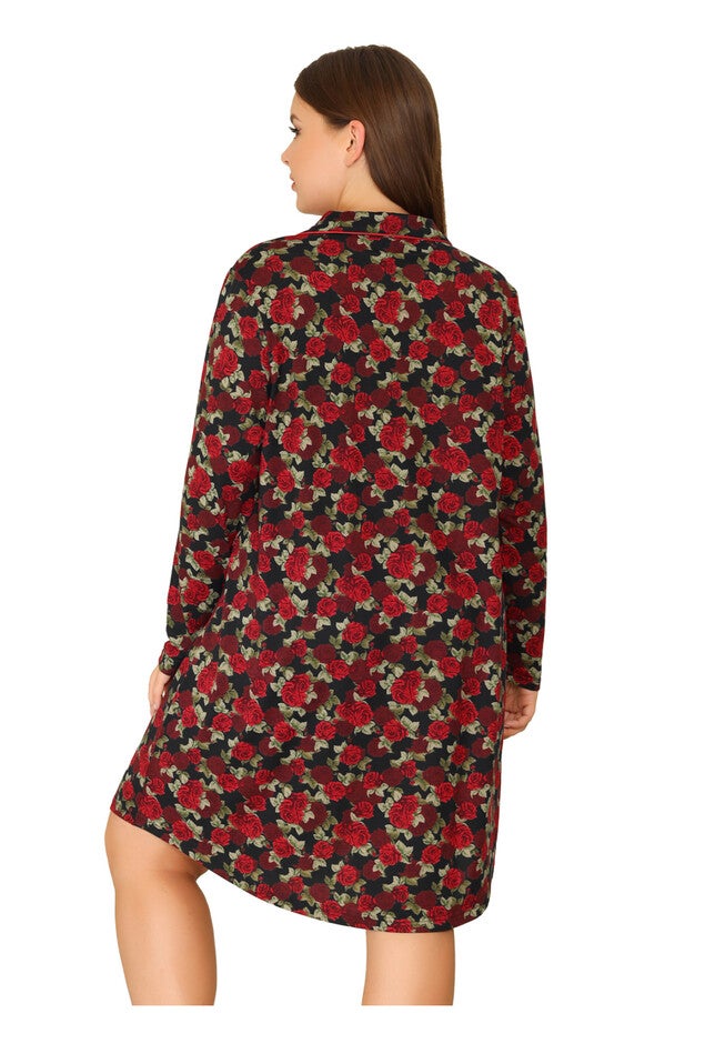 Floral Notched Lapel Button Up Nightgown, Red / Red, alternate image number 3