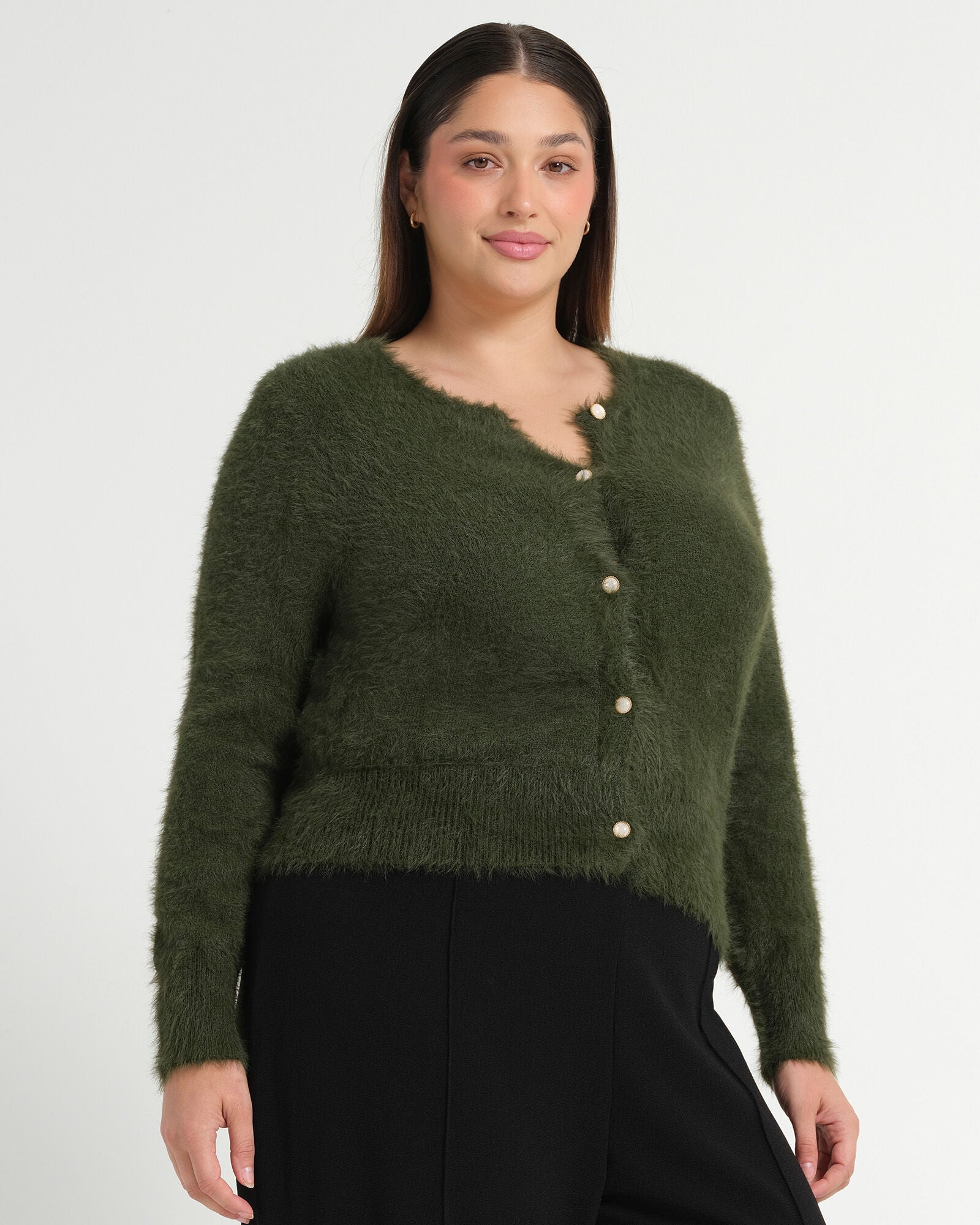 Camille Crew Neck Cardigan, Olive / Olive Green, alternate image number 1