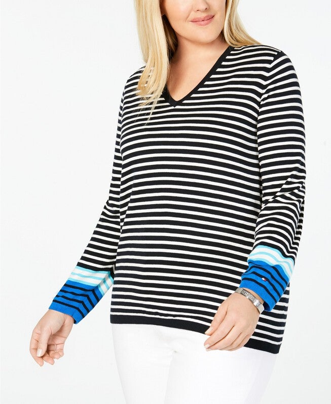 Tommy Hilfiger Women's Plus Size Cotton Striped V-Neck Sweater Blue Size 1X, Blue / Navy, hi-res image number 0