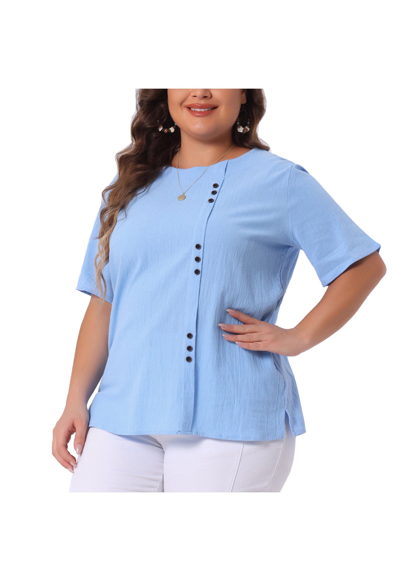 Short Sleeve Round Neck Cotton Linen T-Shirt Top, Sky Blue / Light Blue, alternate image number 3