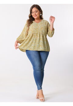 V Neck Babydoll Flowy 3/4 Lantern Sleeve Floral Blouse