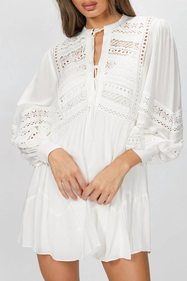 DRESS WITH LACE DETAILING IN WHITE, White / White, alternate image number null