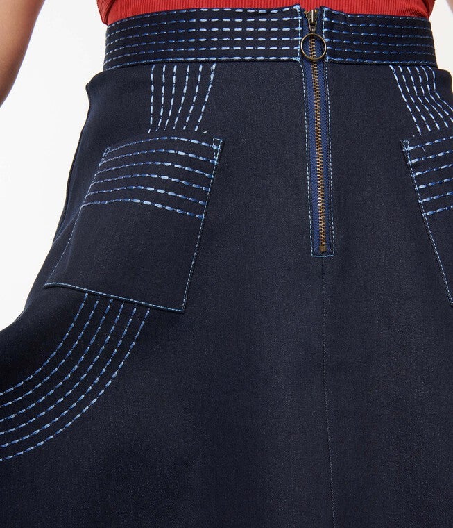 Unique Vintage Denim Blue Patch Pocket Swing Skirt, Blue / Dark Wash, alternate image number 2