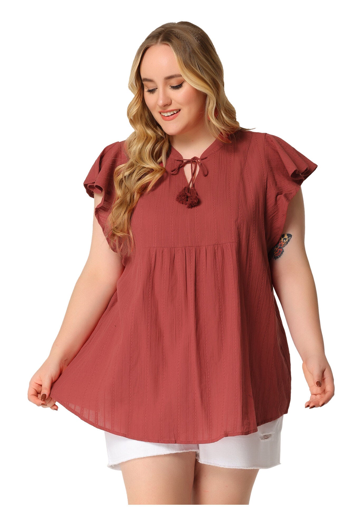 V NECK TASSEL SELF TIE FLUTTER BLOUSE, Brick Red / Red, alternate image number 2