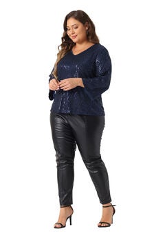 Sequin 3/4 Sleeve V Neck Glitter Top