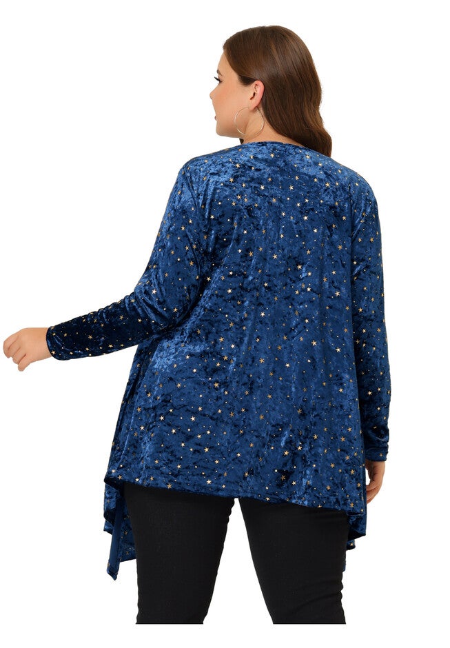 OPEN FRONT DRAPED SHINY VELVET CARDIGAN, Blue / Navy, alternate image number 3