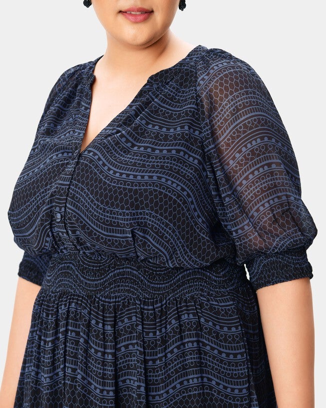 Stripe lace print georgette ruffle flounce crewneck dress, Black / Black, alternate image number null