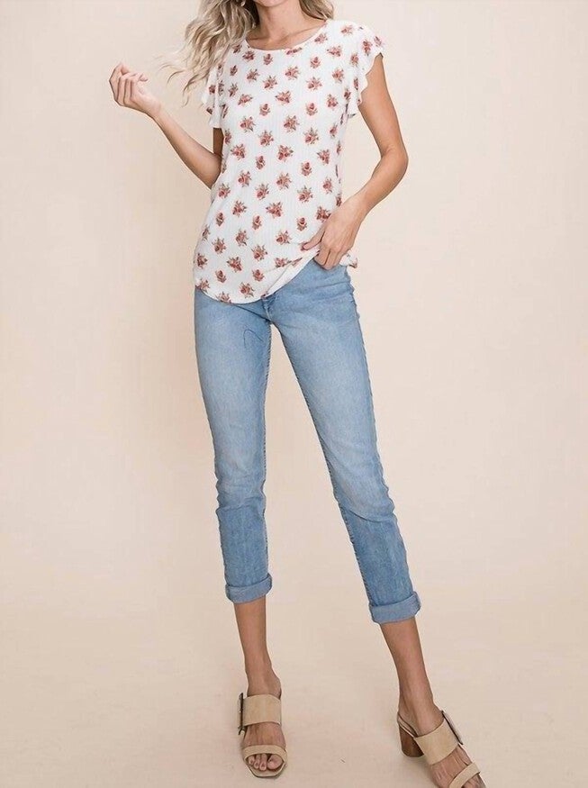 FLORAL RUFFLE SLEEVE TOP IN MULTI, Multi / White, alternate image number null
